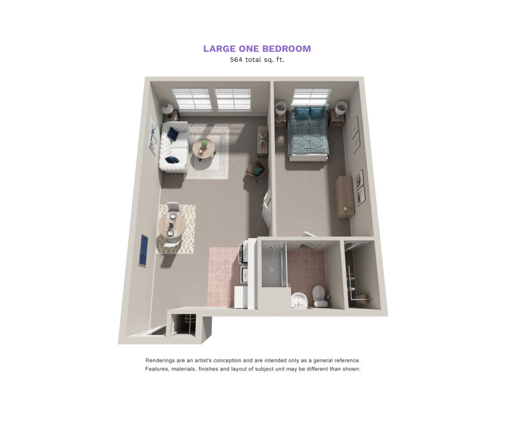 Parkrose Estates floor plan for a large one bedroom, 564 total square feet. The living room, kitchenette, and dining area are on the left, with the bedroom and bathroom on the right.