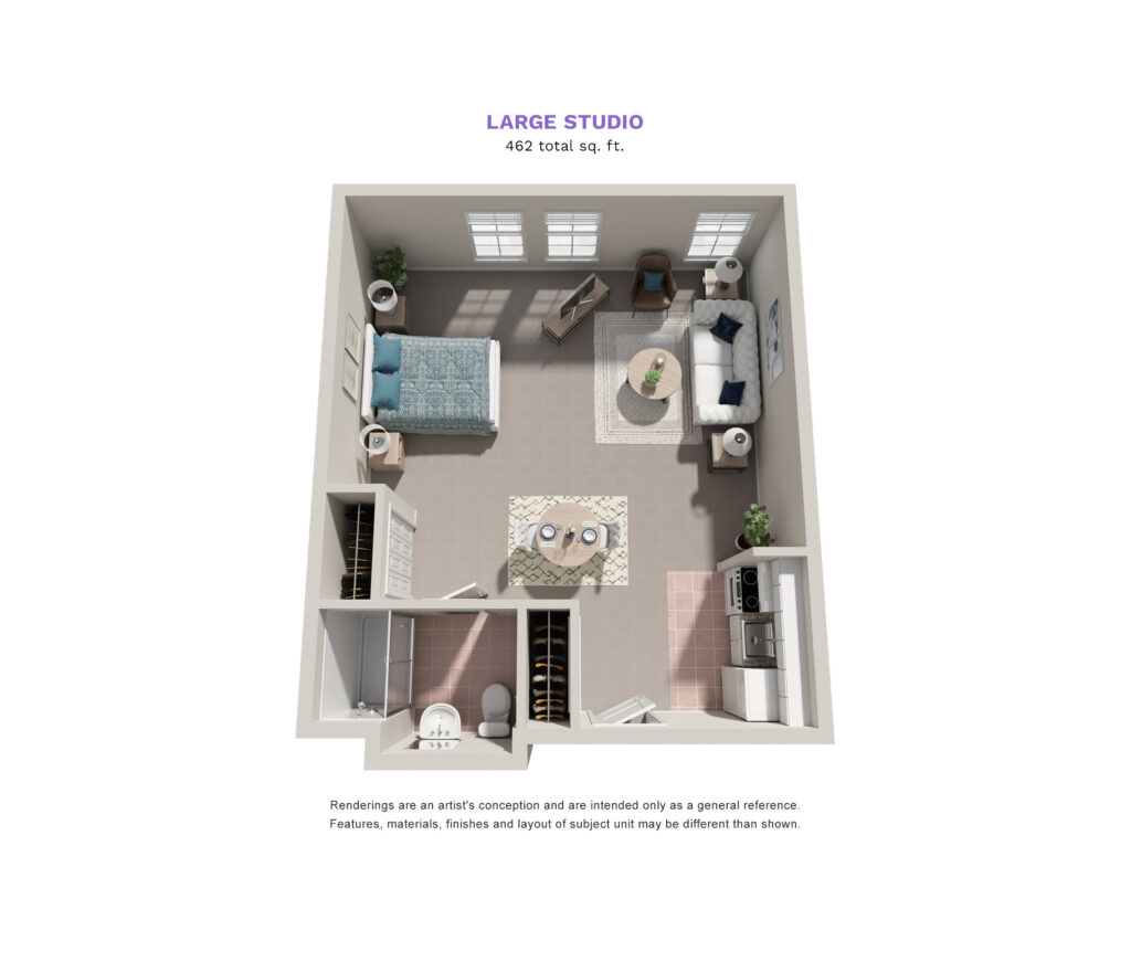 Parkrose Estates floor plan for a large studio, 462 total square feet. The living area, kitchenette, and bedroom are all in one room.