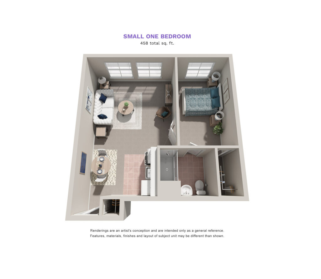 Parkrose Estates floor plan for a small one bedroom, 458 total square feet. The living room, kitchenette, and dining area are on the left, with a smaller bedroom and regular sized bathroom on the right.