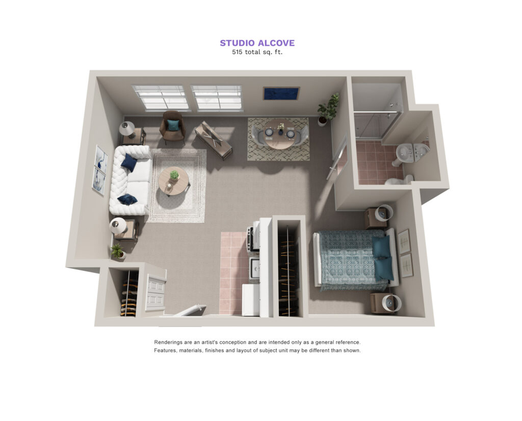 Parkrose Estates floor plan for a studio alcove, 515 total square feet. The living area, kitchenette, and bedroom are all in one room. The bedroom is tucked in a small alcove for added privacy.